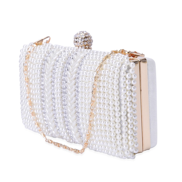 (Option 3) AAA White Austrian Crystal and Simulated White Pearl Clutch Bag with Chain Strap in Gold Tone (Size 17x9x4 Cm)