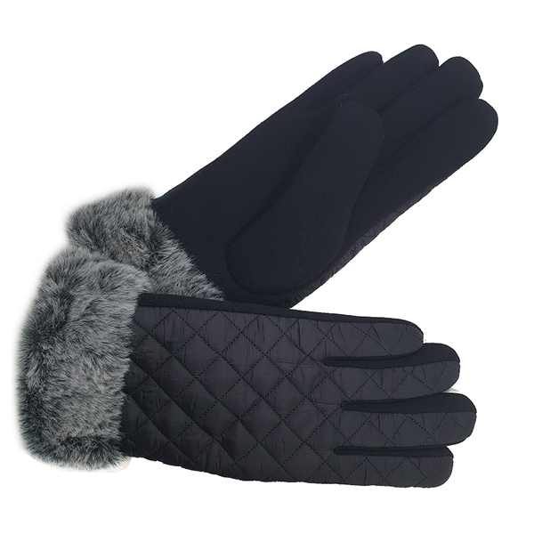 SUGARCRISP Quilted Pattern Ladies Gloves with Faux Fur Cuff - Black