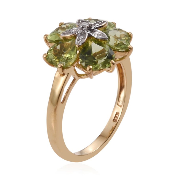 AA Hebei Peridot (Hrt), Diamond Floral Ring in 14K Gold Overlay Sterling Silver 4.260 Ct.