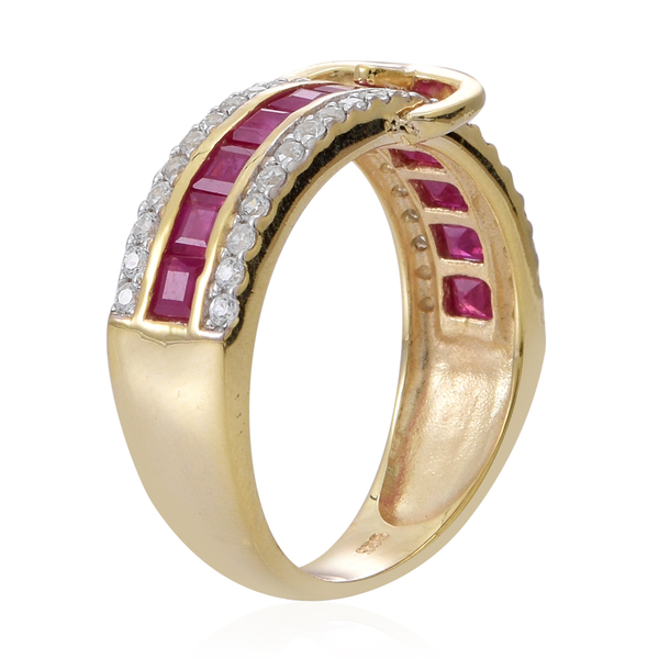 Ruby (Sqr), Natural Cambodian Zircon Buckle Ring in 14K Yellow Gold Overlay Sterling Silver 3.250 Ct.