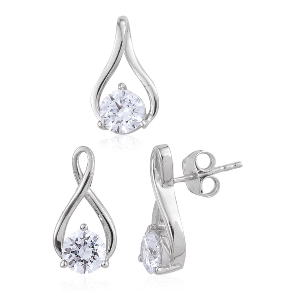 Lustro Stella - Platinum Overlay Sterling Silver (Rnd) Pendant and Earrings (with Push Back) Made wi