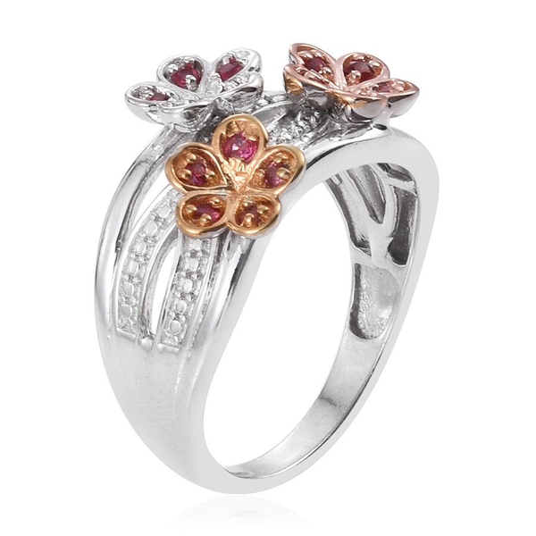 Mahenge Spinel (Rnd) Triple Floral Ring in Yellow Gold, Rose Gold and Platinum Overlay Sterling Silver