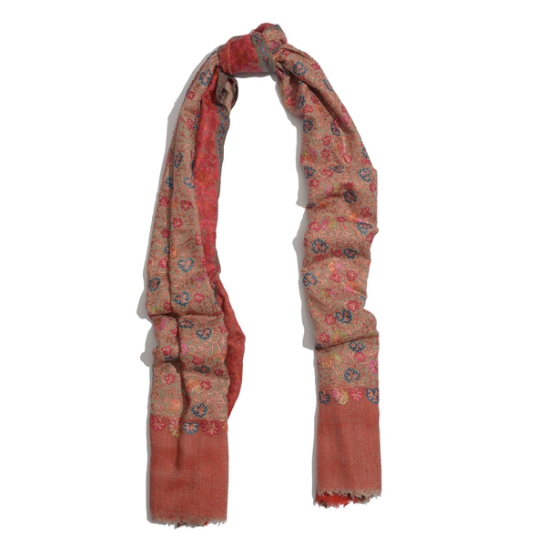 100%  Merino Wool Flowers Embroidered Red and Multi Colour Scarf (Size 200x70 Cm)