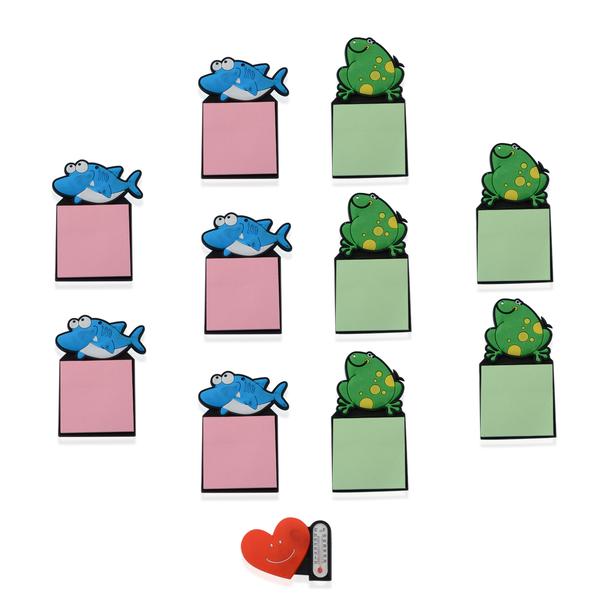 Set of 11 - Blue Dolphin and Green Frog Magnetic Fridge Sticky Notes and Heart Thermometer
