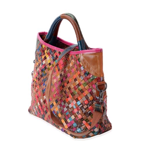 (Option 1) 100% Genuine Leather Multi Colour Woven Pattern Tote Bag with Shoulder Strap (Size ...