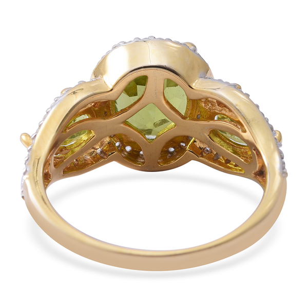 Hebei Peridot (Ovl), Natural Cambodian White Zircon Ring in Yellow Gold and Platinum Overlay Sterling Silver 6.590 Ct.
