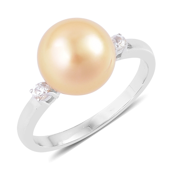 Rare Size AAAA South Sea Golden Pearl (Rnd 10-10.5mm), White Zircon Ring in Platinum Overlay Sterlin