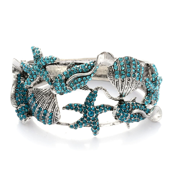 Blue and Black Austrian Crystal Bangle in Silver Tone (Size 7.5)