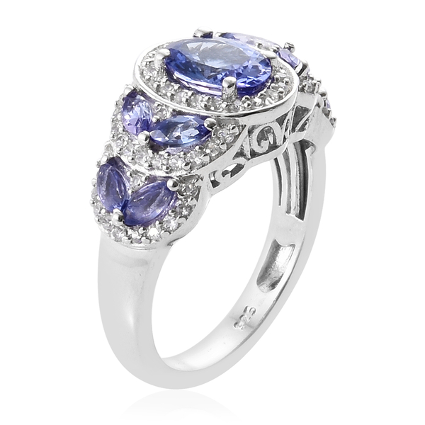 Tanzanite (Ovl 7.5x5.5 1.00 Ct), Natural Cambodian Zircon Ring in Platinum Overlay Sterling Silver 2.00 Ct.