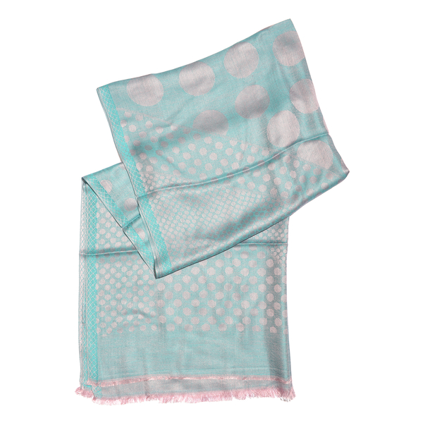 Blue and Light Pink Colour Polka Dots Pattern Reversible Jacquard Scarf with Fringes (Size 190X70 Cm)