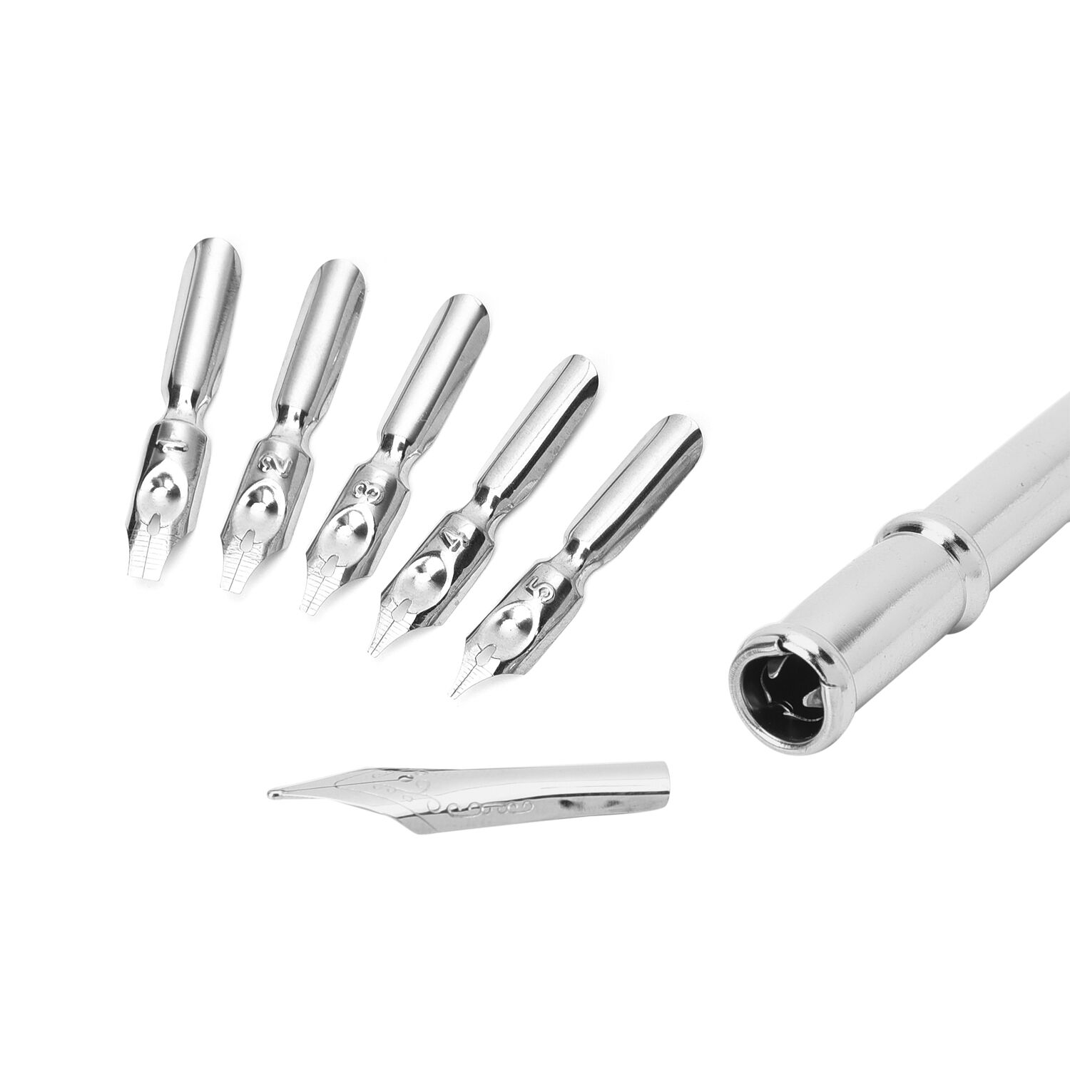 Set of Navy Feather Pen with Pen Stand, Black Ink (15ml) and 6-Different Nip Shapes in Silver Tone