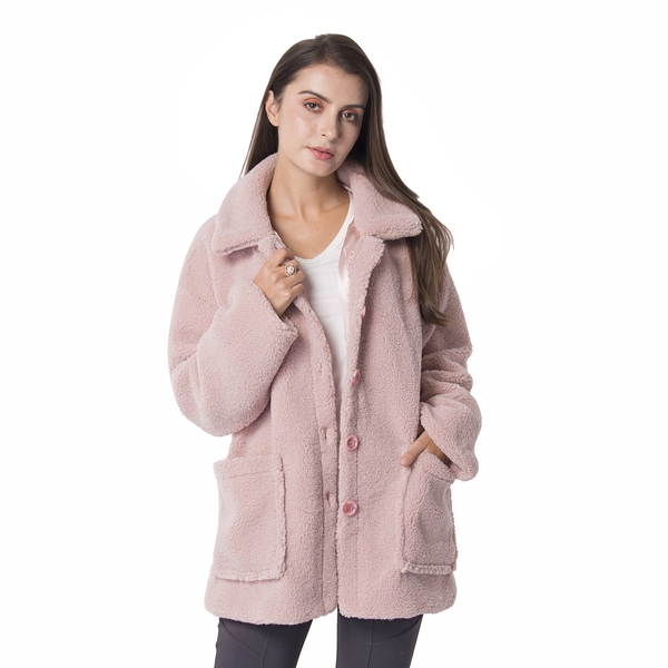 New Season Designer Inspired Teddy Faux Fur Coat in Dusky Pink