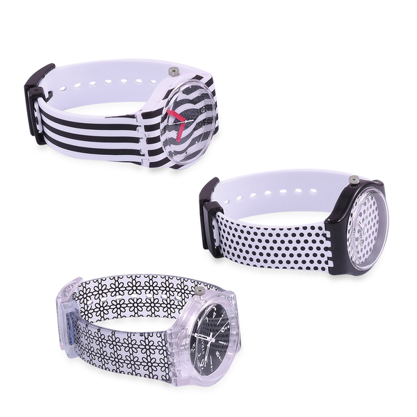 Set of 3 - STRADA Japanese Movement Black and White Colour Stripes, Polka Dots and Floral Pattern Watch with Silicone Strap