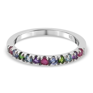 Chrome Diopside, Tanzanite and Multi Gemstones Ring in Platinum Overlay Sterling Silver