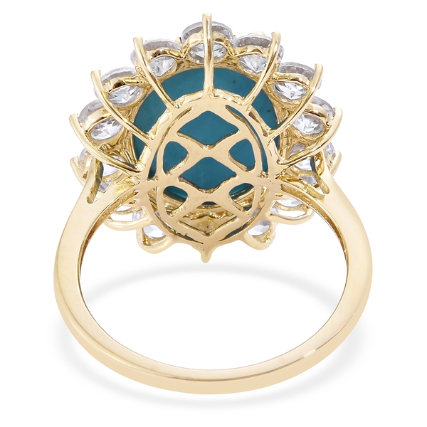 Collectors Edition- 9K Yellow Gold AAA Very Rare Size Sleeping Beauty Turquoise (Ovl 18x13 mm), Natural Cambodian Zircon Ring 14.000 Ct.