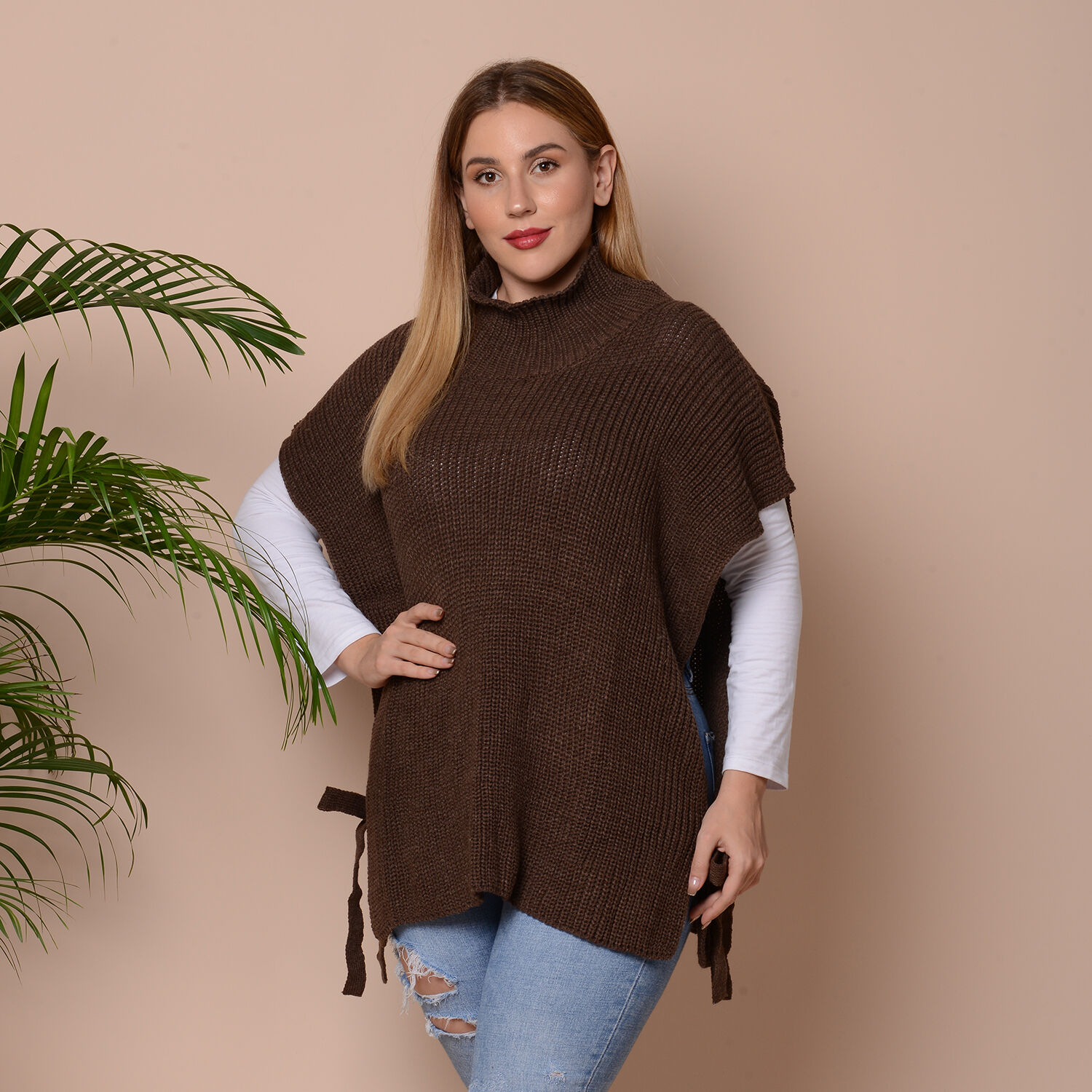 High Collar Knit Vest with Adjustable Strap on Sides in Brown Colour