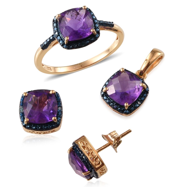 Checkerboard Cut Amethyst (Cush), Blue Diamond Ring, Stud Earrings (with Push Back) and Pendant in 1