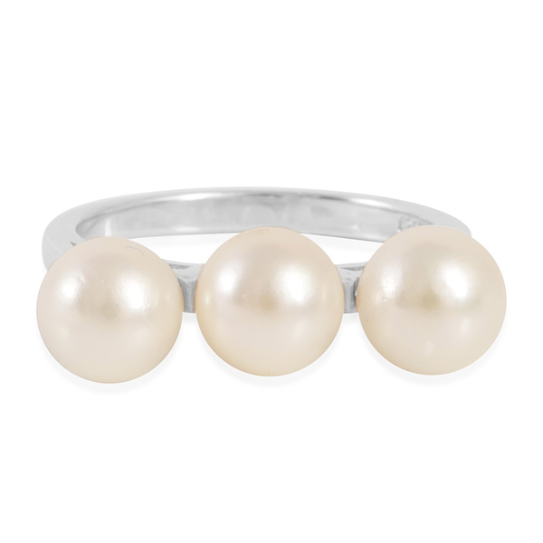 Japanese Akoya Pearl (Rnd) Trilogy Ring in Platinum Overlay Sterling Silver