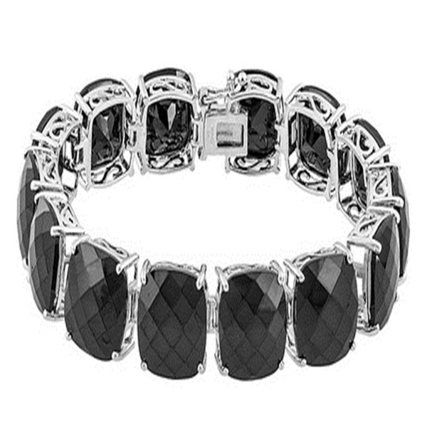 Checkerboard Faceted  Boi Ploi Black Spinel (Cush) Bracelet in Rhodium Plated Sterling Silver (Size 