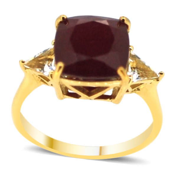 African Ruby (Cush 9.00 Ct), White Topaz Ring in 14K Gold Overlay Sterling Silver 10.000 Ct.