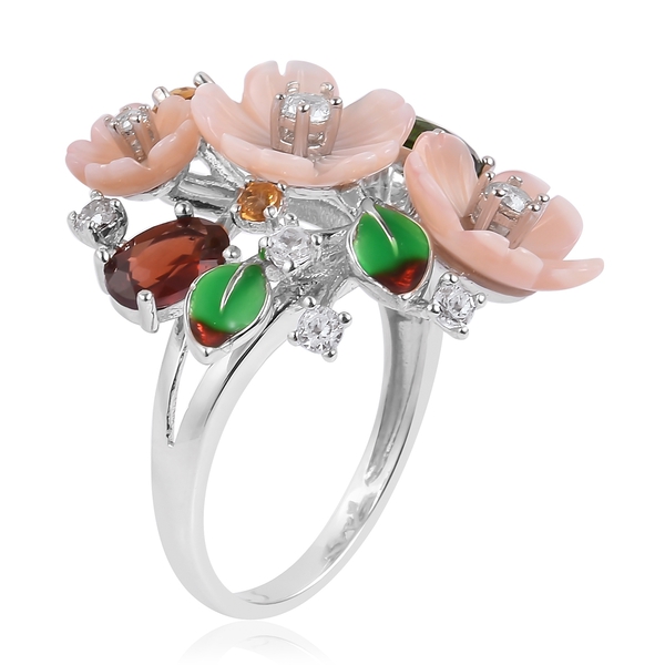 Jardin Collection - Pink Mother of Pearl, Mozambique Garnet, Chrome Diopside and Multi Gemstone Enameled Flower and Leaves Ring in Rhodium Plated Sterling Silver