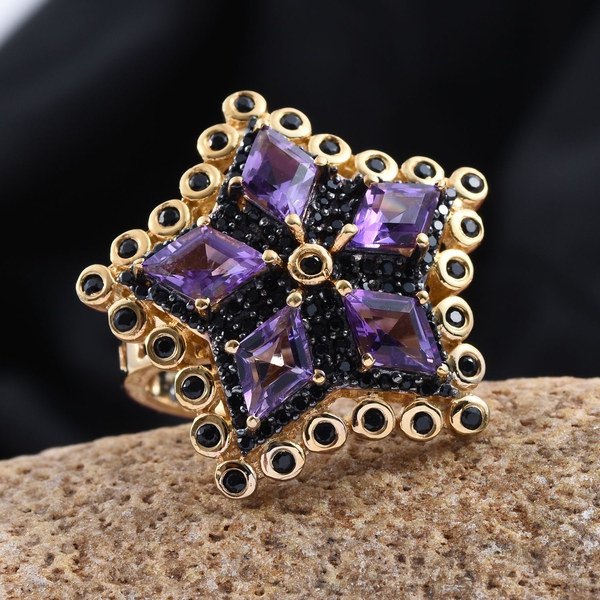 GP Amethyst (Kite), Kanchanaburi Blue Sapphire and Boi Ploi Black Spinel Ring in 14K Gold Overlay Sterling Silver 4.000 Ct.