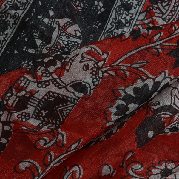 100% Mulberry Silk Red, Black and White Colour Handscreen Elephant and Paisley Printed Scarf (Size 200X180 Cm)