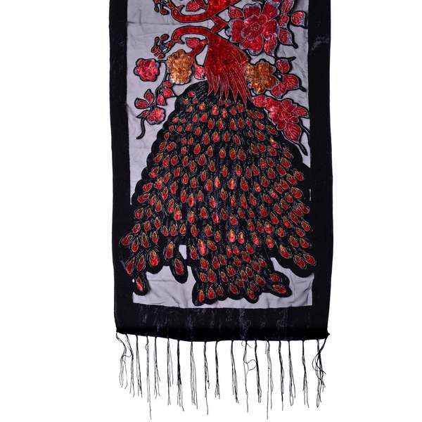 Designer Inspired - Black, Red and Multi Colour Peacock and Floral Pattern Scarf with Tassels (Size 158X50 Cm)