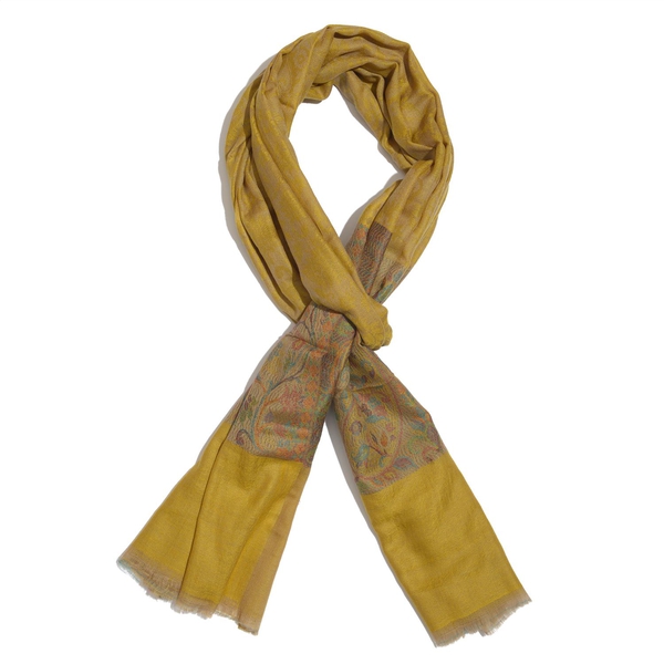 88% Merino Wool and 12% Silk Yellow and Multi Colour Scarf with Fringes (Size 180x70 Cm)