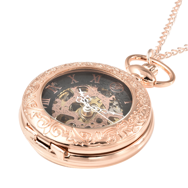 GENOA Automatic Mechanical Movement Skeleton Water Resistant Pocket Watch with Chain (Size 30) and Openable Case in Rose Gold Tone