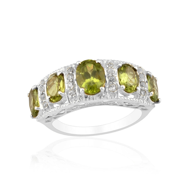 Hebei Peridot (Ovl 3.75 Ct), White Topaz Ring in Platinum Overlay Sterling Silver 4.000 Ct.