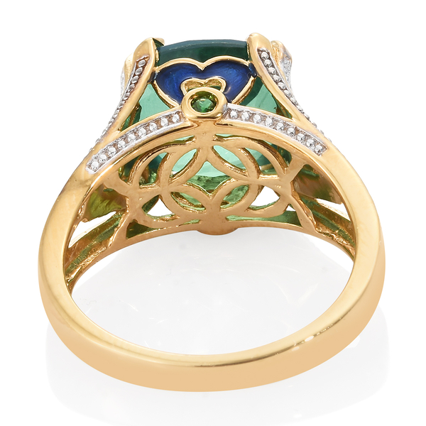 GP Peacock Quartz (Cush 7.33 Ct), Chrome Diopside and Kanchanaburi Blue Sapphire Enameled Ring in 14K Gold Overlay Sterling Silver 7.500 Ct. Silver wt. 5.53 Gms.