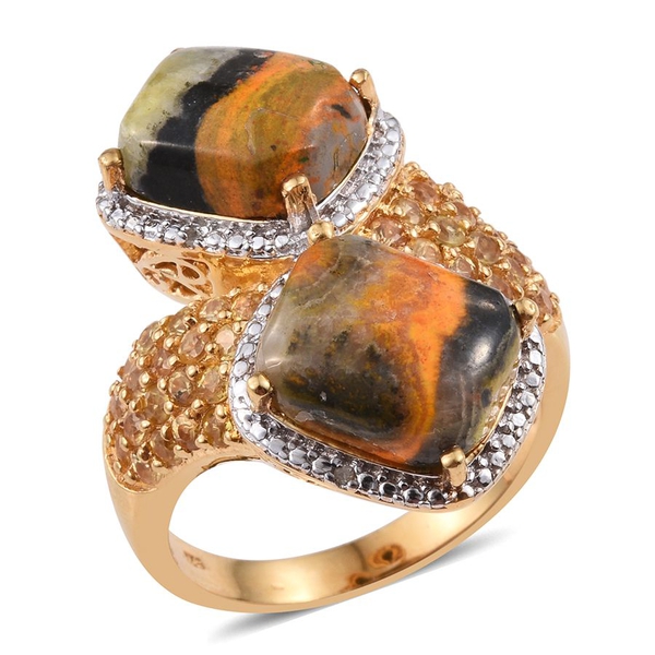 Bumble Bee Jasper (Cush), Yellow Sapphire and White Diamond Crossover Ring in 14K Gold Overlay Sterl