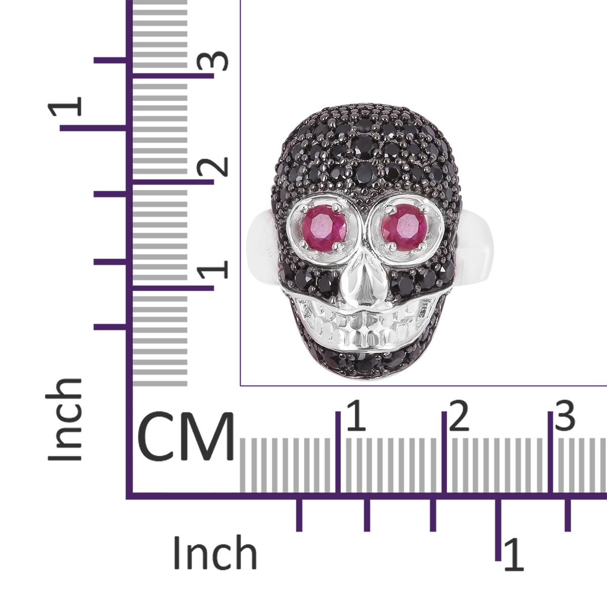 Designer Inspired-Boi Ploi Black Spinel (Rnd), African Ruby Skull Ring in Black and Rhodium Overlay Sterling Silver 2.470 Ct.