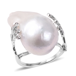 Baroque Pearl and Zircon Solitaire Ring in Rhodium Plated Silver