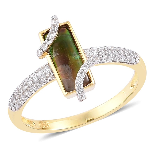 AA Canadian Ammolite (Bgt 1.25 Ct), Natural White Cambodian Zircon Ring in Yellow Gold Overlay Sterl
