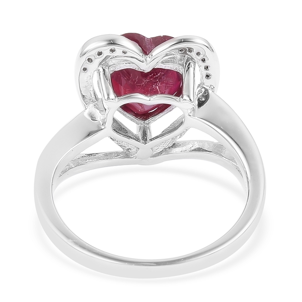 African Ruby (Hrt 5.00 Ct), Natural White Cambodian Zircon Ring in Rhodium Plated Sterling Silver 5.110 Ct.