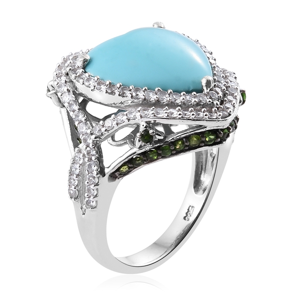 Rare Size Sleeping Beauty Turquoise (Hrt 7.20 Ct), Chrome Diopside and Natural Cambodian Zircon Ring in Platinum Overlay Sterling Silver 9.000 Ct. Gemstone Studded 133 Silver wt 7.90 Gms.