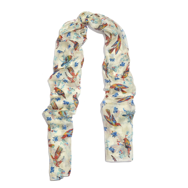 100% Mulberry Silk Blue, White and Multi Colour Handscreen Flying Birds Printed Scarf (Size 200X180 Cm)