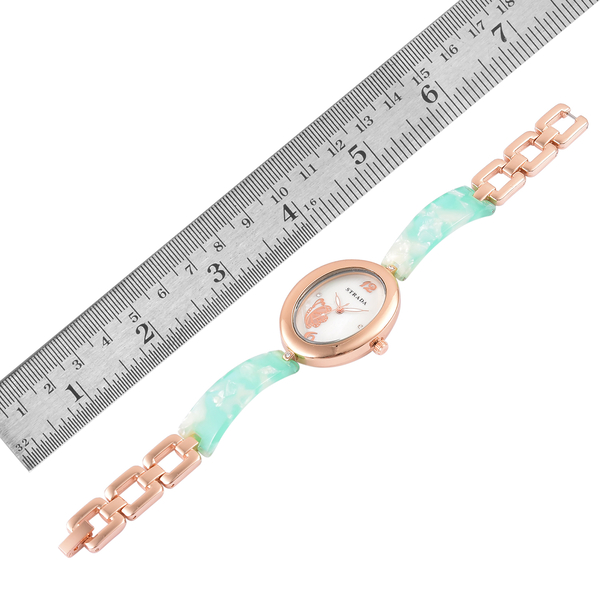 Designer Inspired-STRADA Japanese Movement White Austrian Crystal Studded MOP Dial Watch in Rose Gold Tone with Green Colour Strap