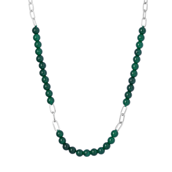 Green Onyx Paperclip Necklace (Size - 20) in Silver Tone