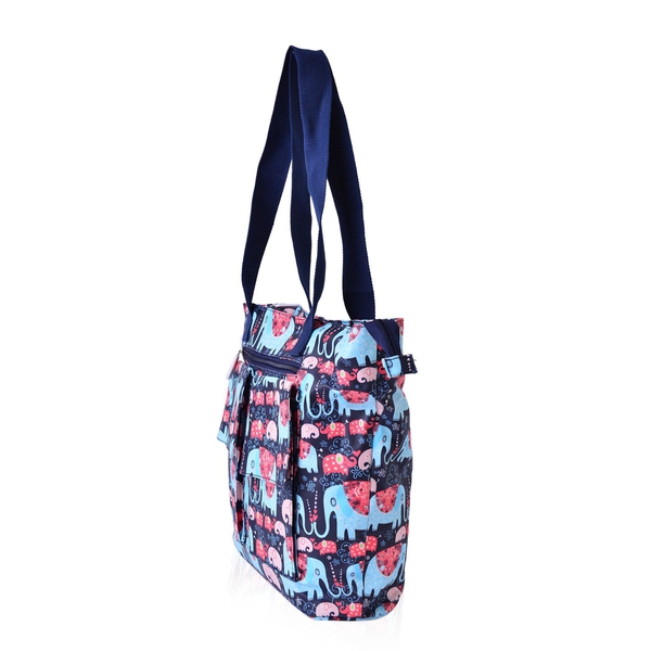 Multi Colour Elephant and Floral Pattern Tote Bag with External Zipper Pocket (Size 44x31x30.5x11 Cm)