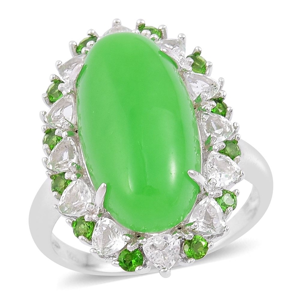 Green Jade (Ovl 10.00 Ct), White Topaz and Chrome Diopside Ring in Rhodium Plated Sterling Silver 12