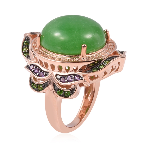 Green Jade (Rnd), Chrome Diopside, Amethyst and Natural Cambodian White Zircon Ring in Rose Gold and Black Plating Sterling Silver 16.05 Ct, Silver wt 9.51 Gms.