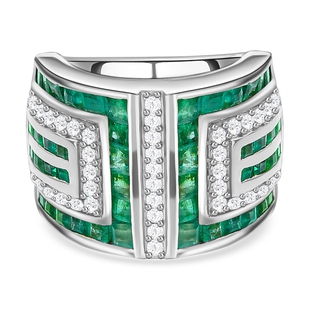 Kagem Zambian Emerald and Natural Cambodian Zircon Ring in Platinum Overlay Sterling Silver 3.89 Ct,