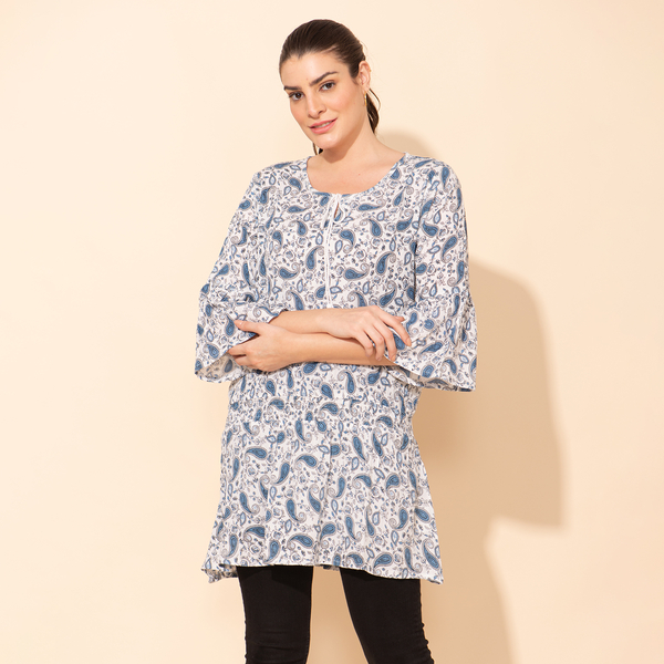 TAMSY 100% Viscose Printed Crepe Top (Size 20) - White & Blue