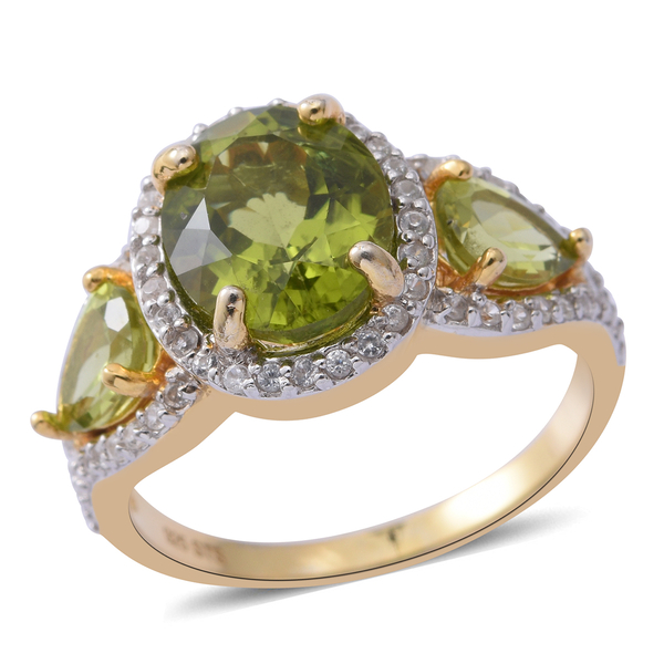 6.59 Ct Chinese Peridot and Zircon Ring in Gold and Platinum Plated Silver