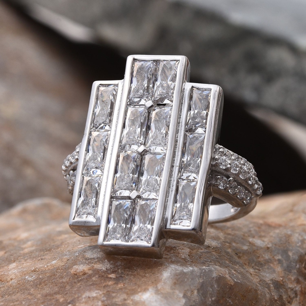 Lustro Stella - Platinum Overlay Sterling Silver (Bgt) Ring Made with Finest CZ, Silver wt 6.96 Gms.