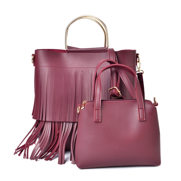 2 Piece Set - Burgundy Colour Large Handbag with Fringes (Size 30X27X8 Cm) and Small Handbag (Size 2