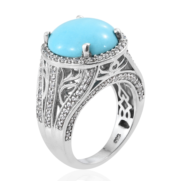 AA Arizona Sleeping Beauty Turquoise (Rnd 6.65 Ct), Natural Cambodian Zircon Ring in Platinum Overlay Sterling Silver 8.250 Ct, Silver wt 7.88 Gms, Number of Gemstone 131.